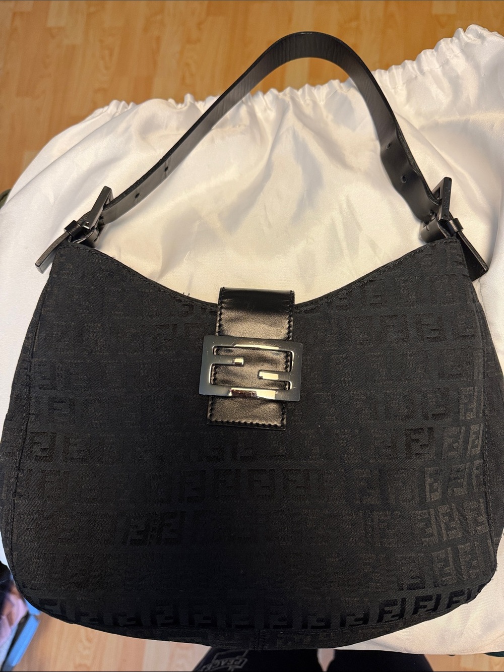 Fendi Black Monogram Jacquard Shoulder Bag with Logo Buckle